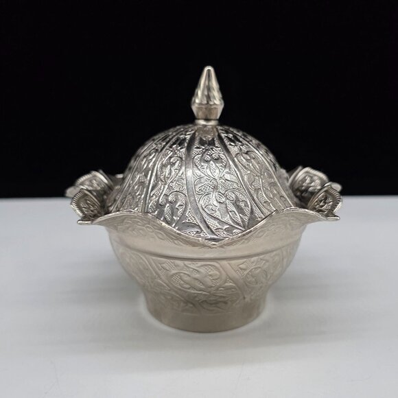 Turkish Silver Plated Decorative Dish With Lid Ruffled Rim Sena - Picture 6 of 10